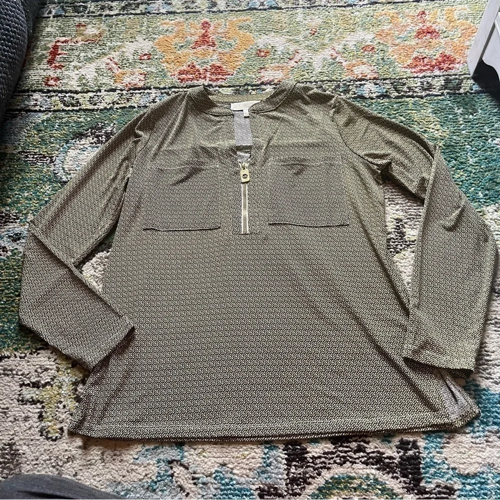 Michael Kors Gold Black Chain Link Print Half Zip Long Sleeve Blouse Medium